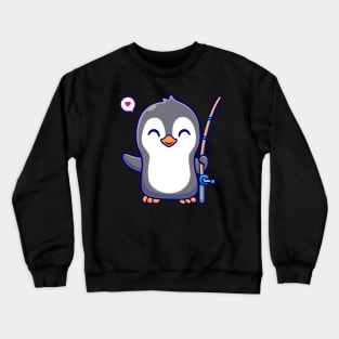 Cute Penguin With Fishing Rod Cartoon Crewneck Sweatshirt